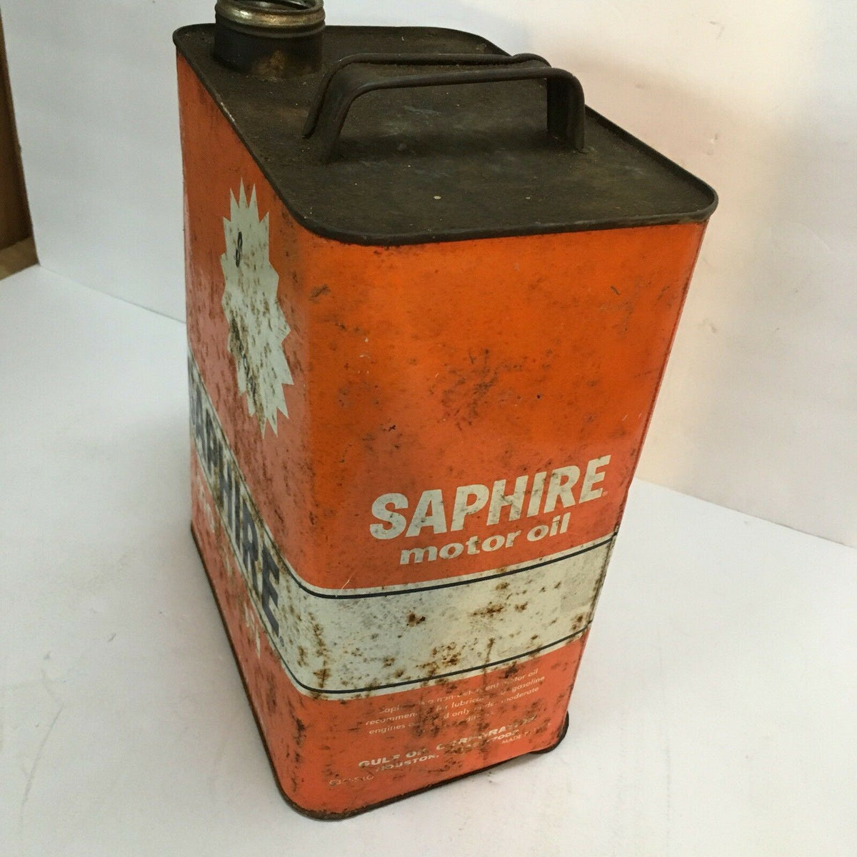 Vintage Gulf Saphire 2 Gallon Motor Oil Metal Can, Gas, Fuel, Oilcan