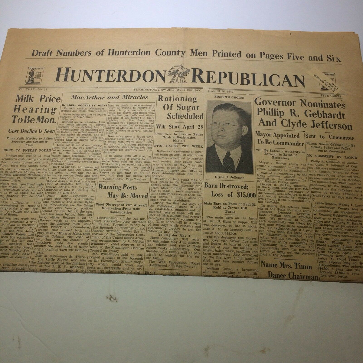 NJ Hunterdon Republican Headline Archive Newspaper from March 26, 1942 featuring news about World War II, highlighted headlines, and images, perfect for history enthusiasts and collectors.