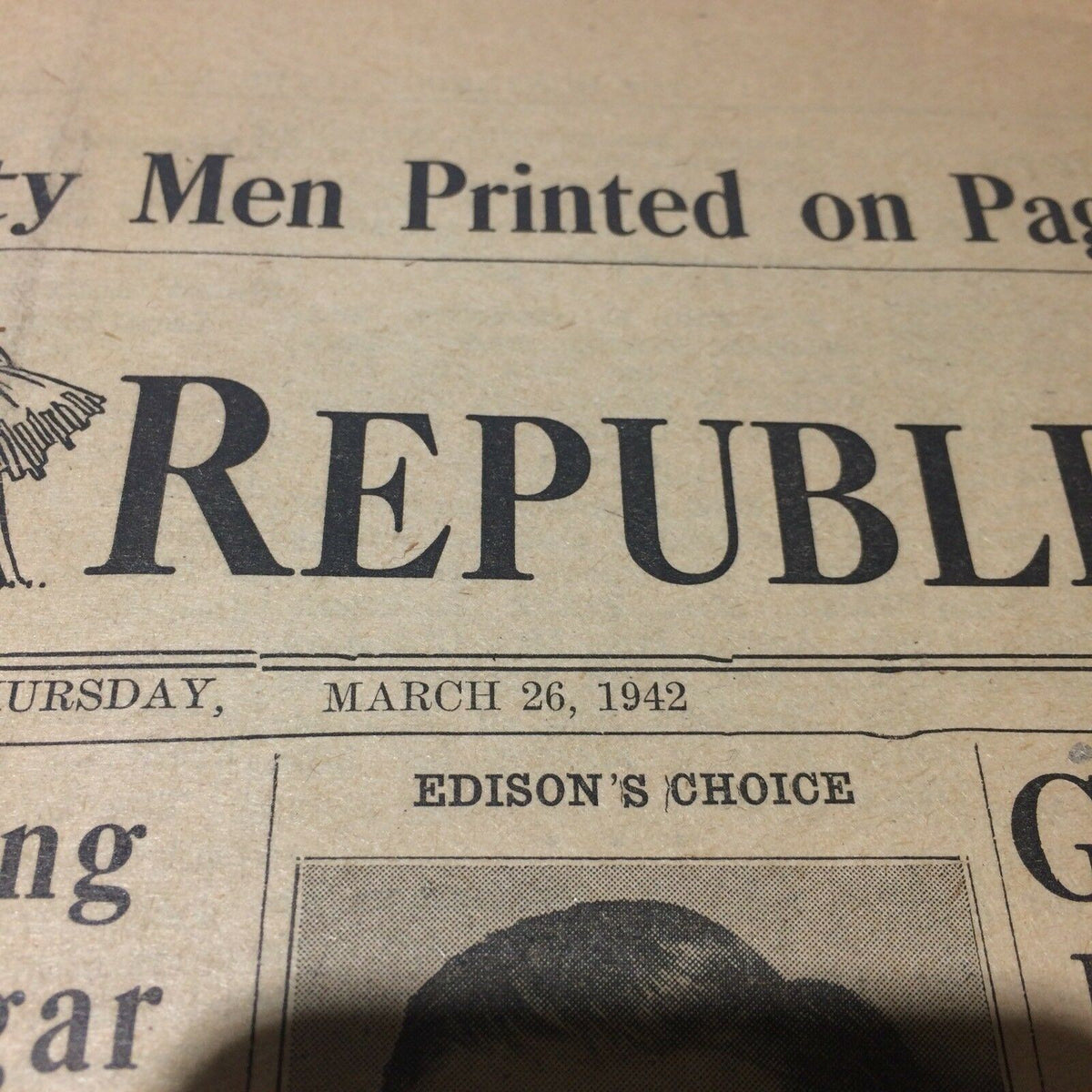 Close-up of the NJ Hunterdon Republican newspaper dated March 26, 1942, showcasing the title and publishing date, an exceptional historical item for collectors.