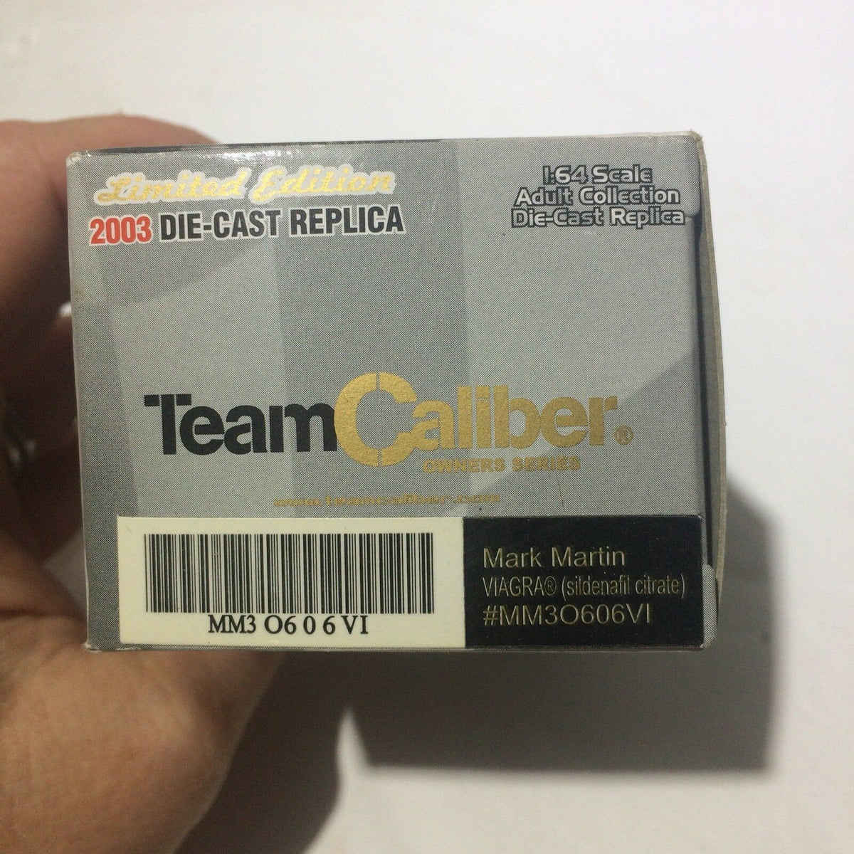 Top view of the Team Caliber 2003 Limited Edition Mark Martin #6 'Viagra' 1:64 Die-Cast collectible box highlighting 'Limited Edition' label and specifications.