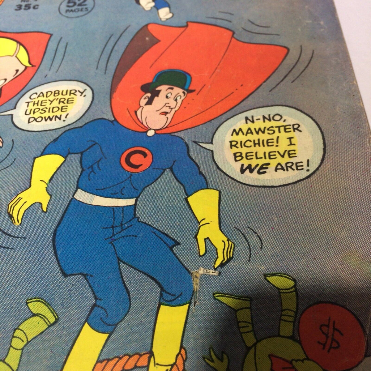 Super Richie #4 Collectible Vintage Comic Harvey World 'Peculiar Vandalism' showing a character in blue and yellow costume with speech bubble referencing 'N-No, Mawster Richie! I believe WE are!'