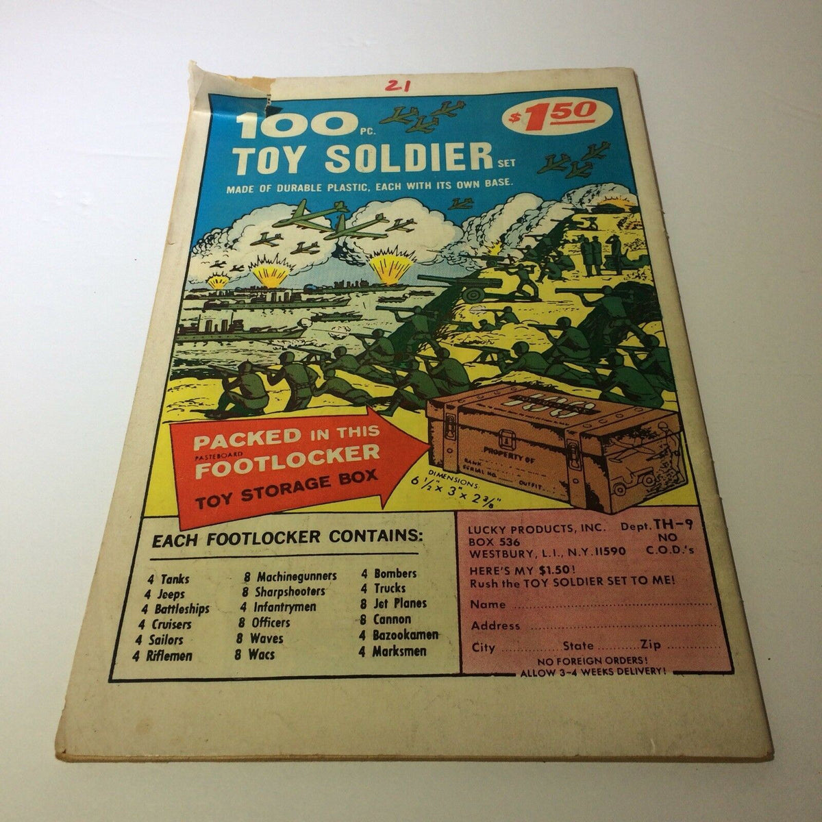 Super Richie #4 Collectible Vintage Comic Harvey World 'Peculiar Vandalism' showcasing the back cover advertisement for '100 Toy Soldier' with details on the item and pricing.