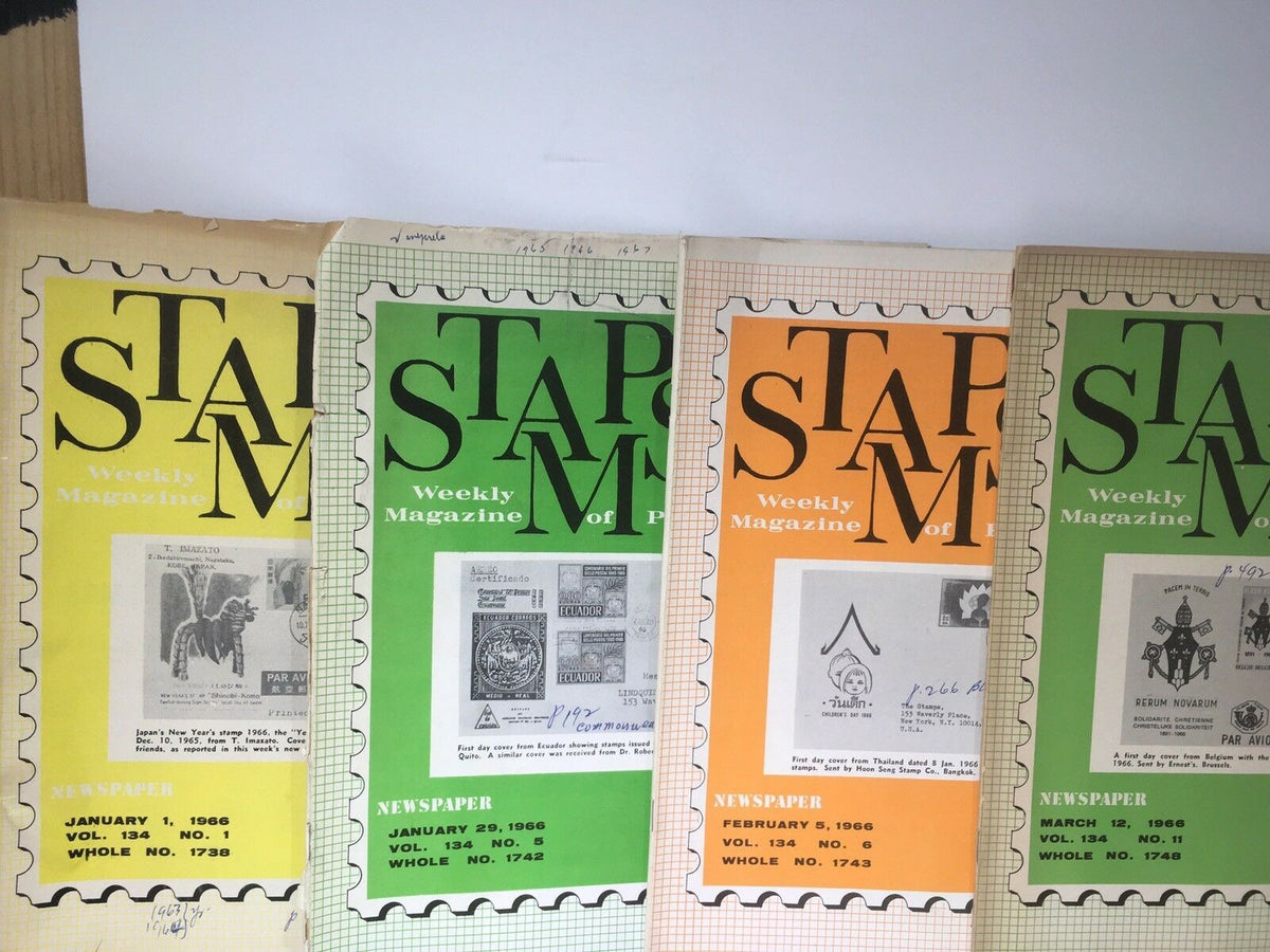 Lot of 23 Vintage HTF Stamps Weekly Magazines from 1966 showcasing the issue covers including January 1 to March editions, featuring vibrant designs and informative articles.