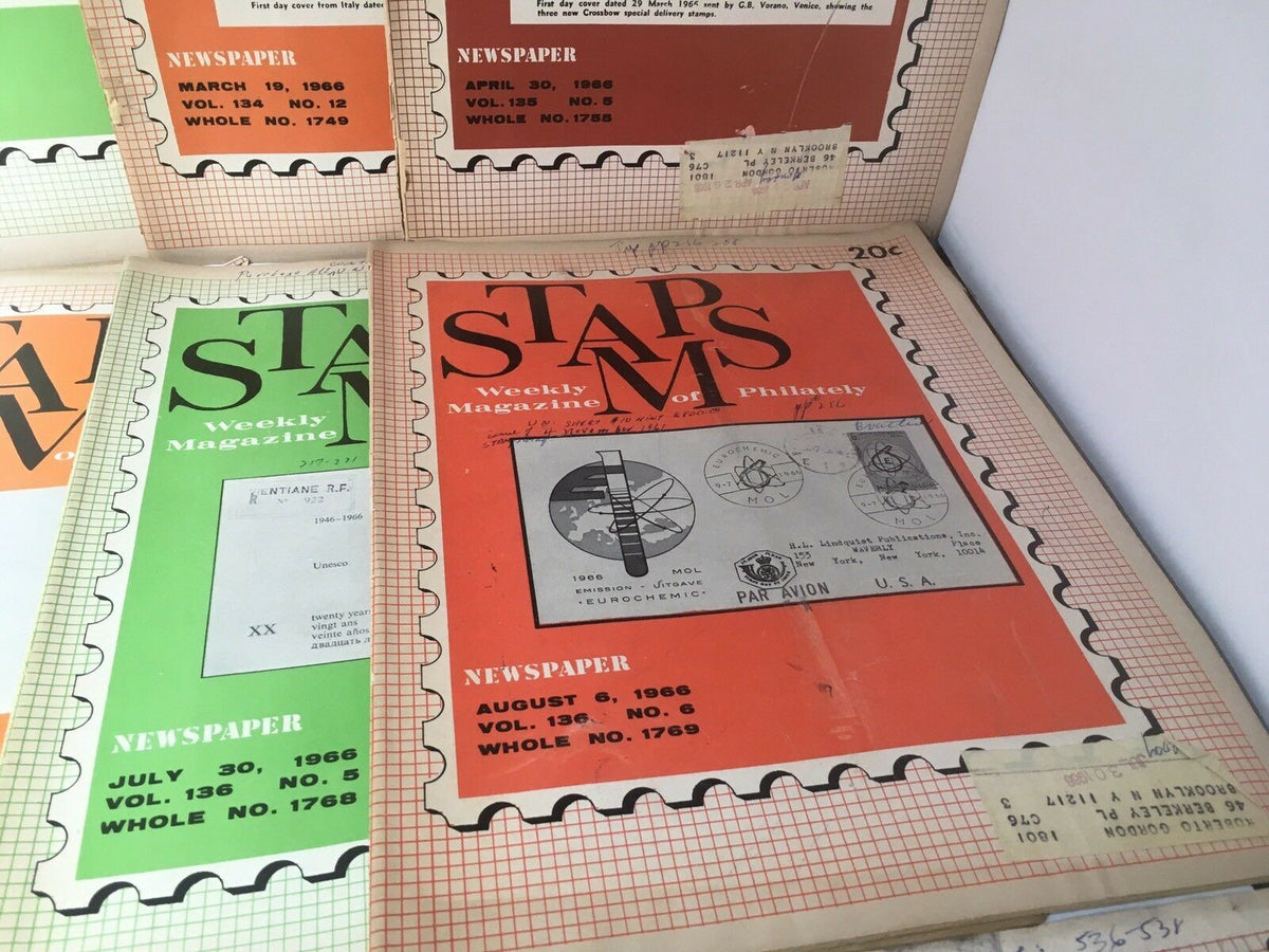 Lot of 23 Vintage HTF Stamps Weekly Magazines from 1966 displaying various issues from July to August, capturing the essence of philately through detailed articles and vibrant cover designs.
