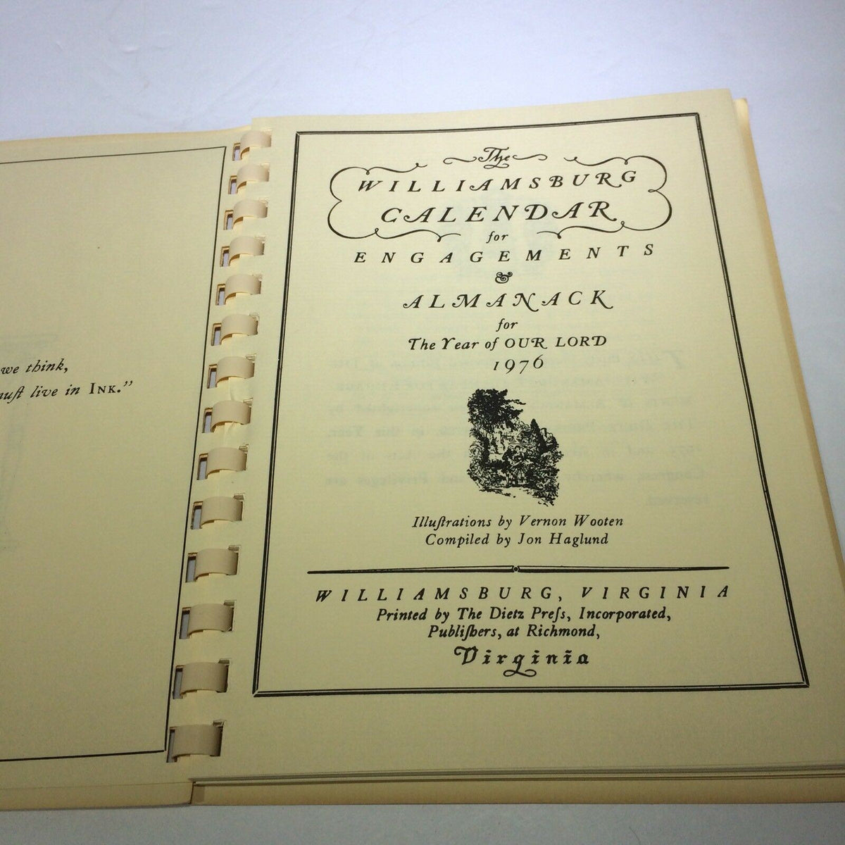 Inside view of the Vintage 1976 Williamsburg Calendar & Almanack, showcasing the title page with elegant typography and illustrations by Vernon Wooten, adding historical charm to your collection.