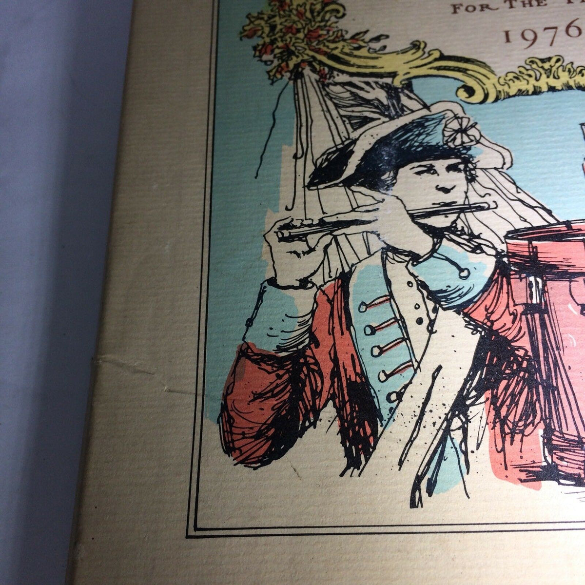 Illustration detail from the Vintage 1976 Williamsburg Calendar & Almanack, featuring a soldier playing a flute, showcasing vibrant colors and historical design.