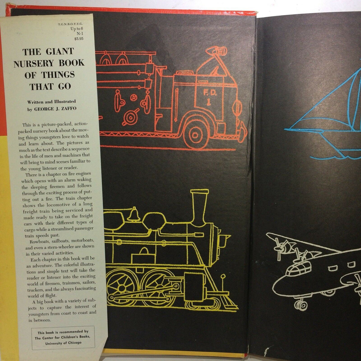 Inside page of The Giant Nursery Book of Things That Go by George Zaffo showing illustrations of a fire truck and a steam locomotive.