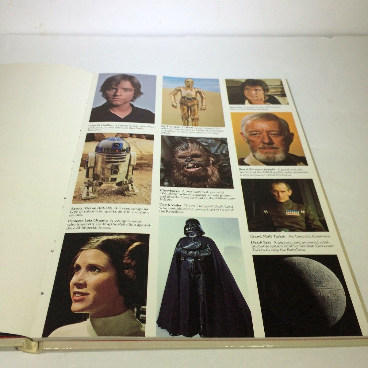Interior page from 'THE STAR WARS STORYBOOK' showcasing character portraits and descriptions from the 1978 movie.
