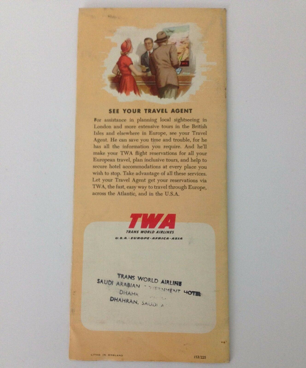 Back view of the Vintage 1953 TWA Trans World Airlines Illustrated City Map of London, England highlighting travel agent details and TWA branding.