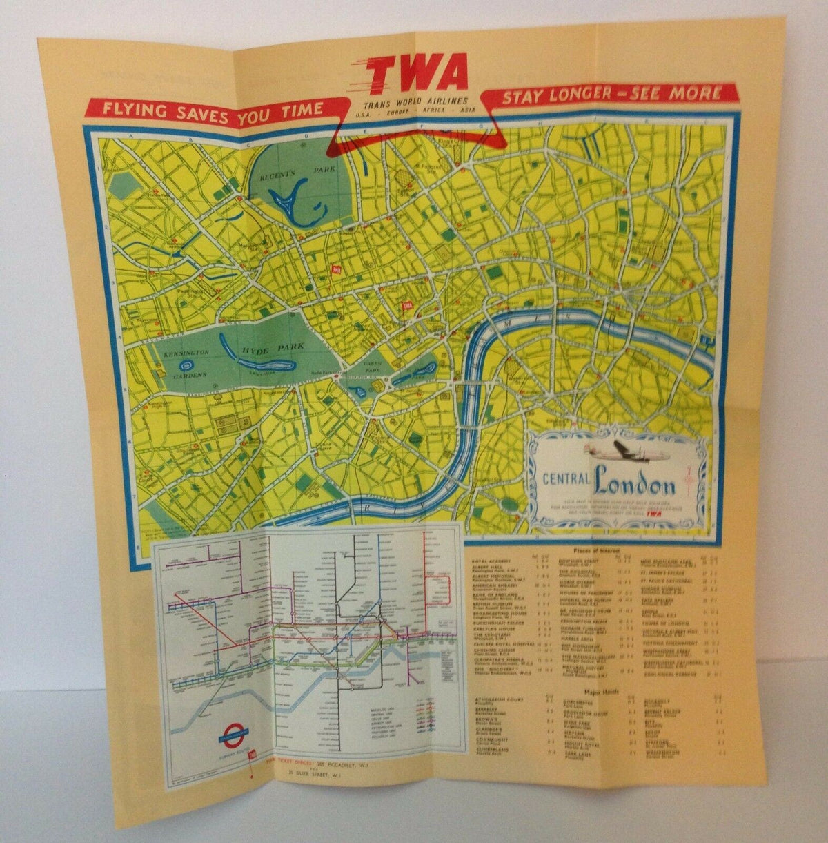 Inside view of the Vintage 1953 TWA Trans World Airlines illustrated city map of London, England, displaying a colorful map layout of the city with notable landmarks and transportation details.