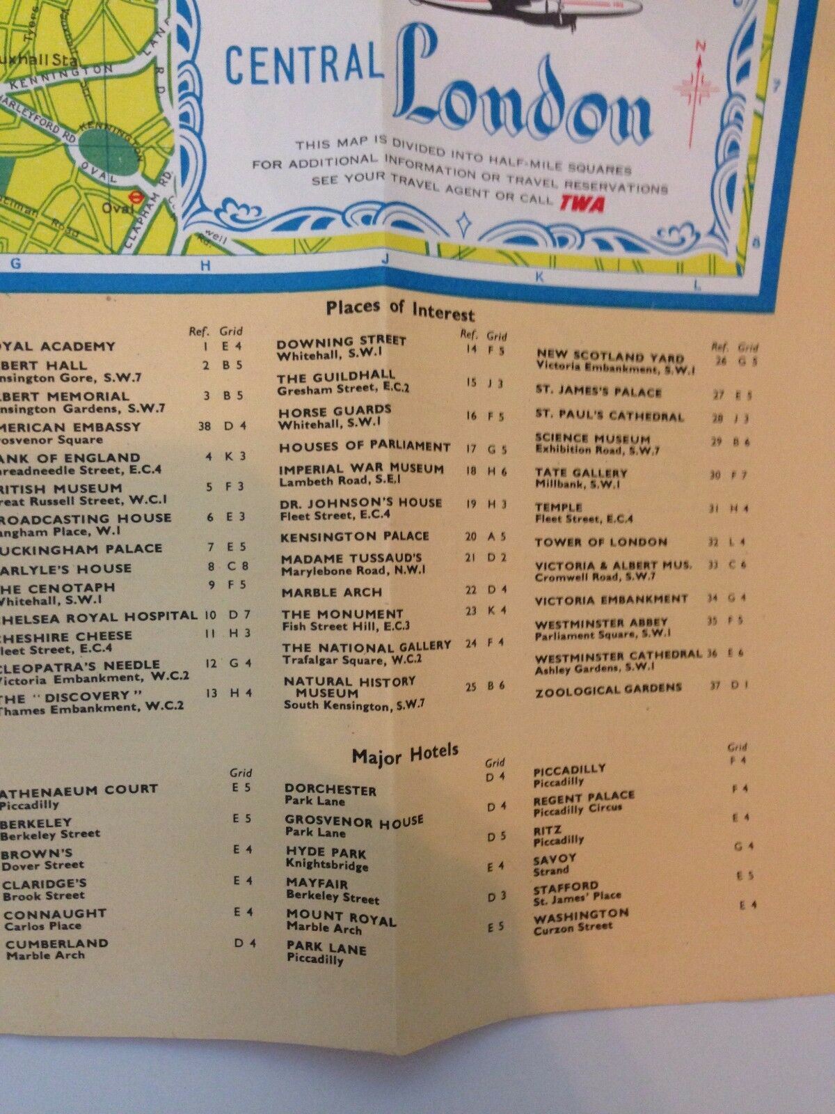 Detailed listing of places of interest and major hotels in London from the Vintage 1953 TWA Trans World Airlines illustrated city map.