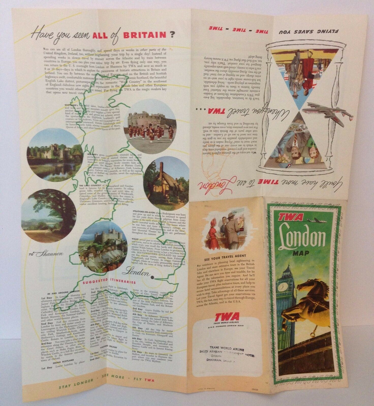 Vintage 1953 TWA Trans World Airlines Illustrated City Map of London, England, featuring colorful illustrations, suggested itineraries, and cultural landmarks of Britain, capturing the essence of travel during the golden age of aviation.