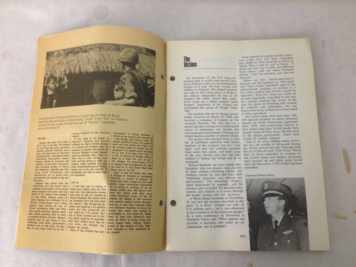 Inside pages of World Progress Quarterly Magazine Winter 1969 displaying the article 'The Victims' with detailed accounts related to the Vietnam War.