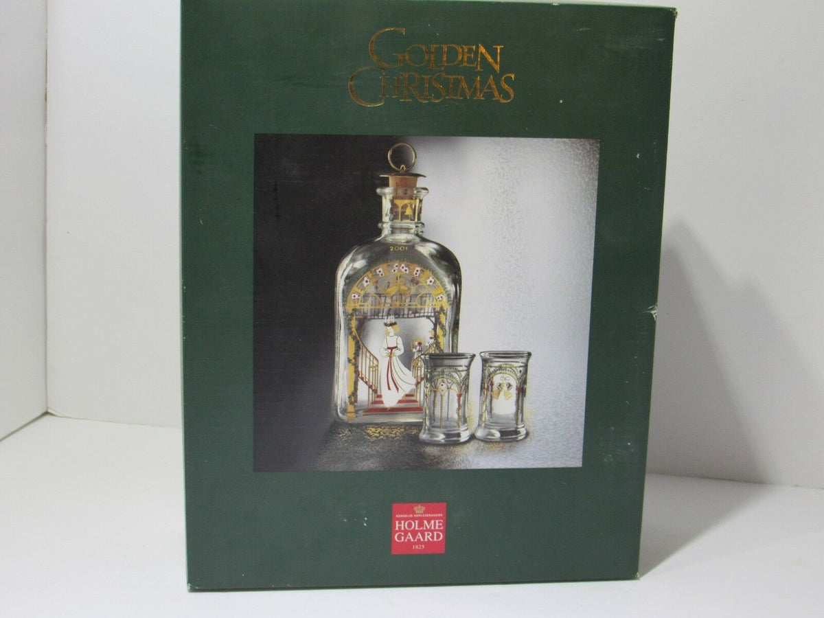 Holmegaard CHRISTMAS Juleflaske Decanter Bottle & Dram Glasses Denmark in original boxed packaging, featuring a festive design.