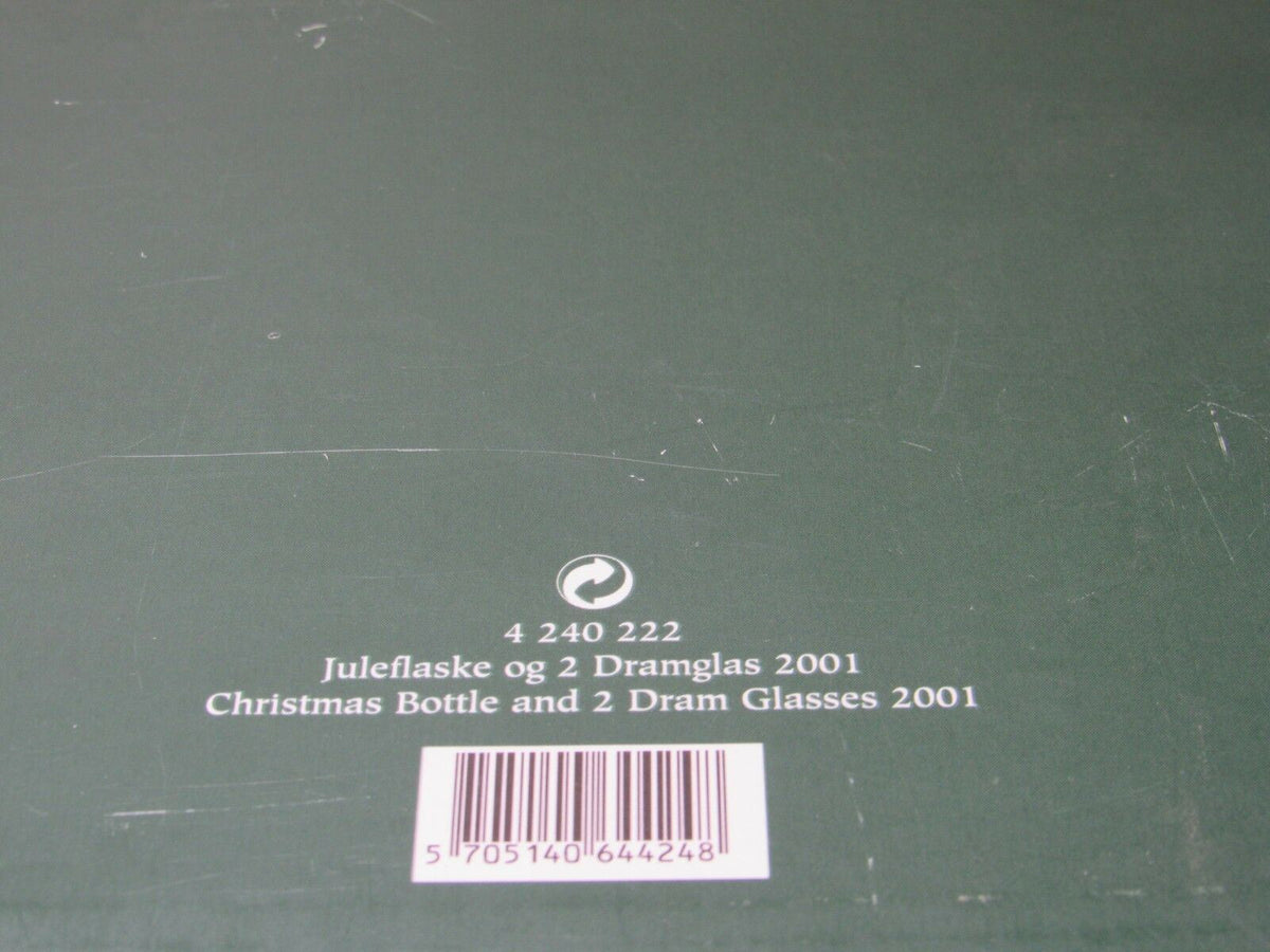 Back cover of the Holmegaard CHRISTMAS Juleflaske Decanter Bottle & Dram Glasses Denmark box, displaying item details and specifications.