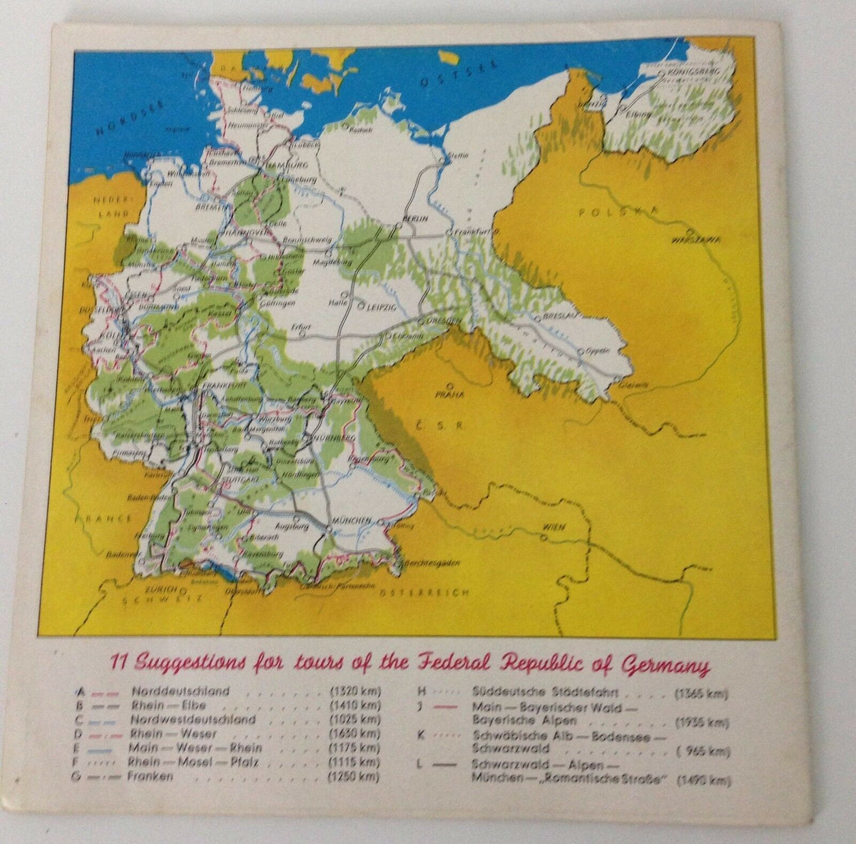 Vintage 1950s Guide Booklet to Motoring in Germany map featuring suggested driving routes across the Federal Republic of Germany.