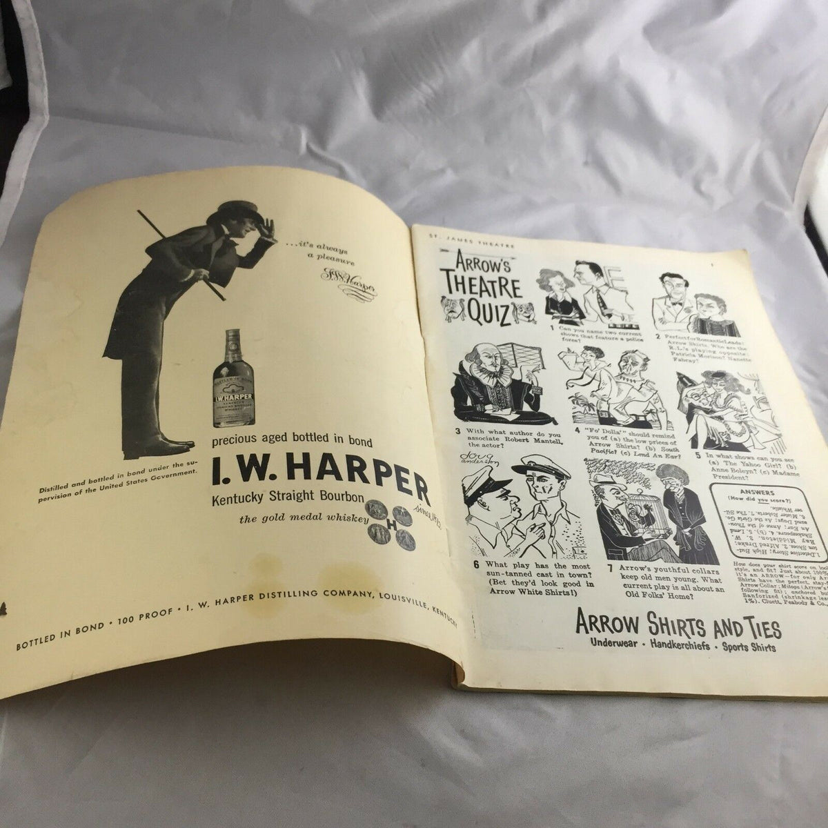 Inside pages of the Vintage June 1949 Broadway Theatre Playbill 'Where's Charley?' displaying I.W. Harper Bourbon advertisement.