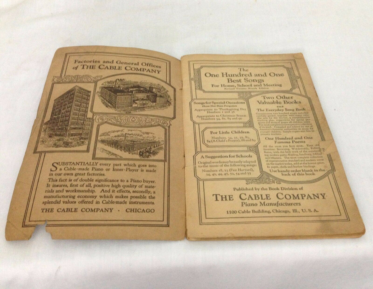 Interior pages of The One Hundred and One Best Songs, 29th edition, 1927, showcasing information about The Cable Company and its musical literature.