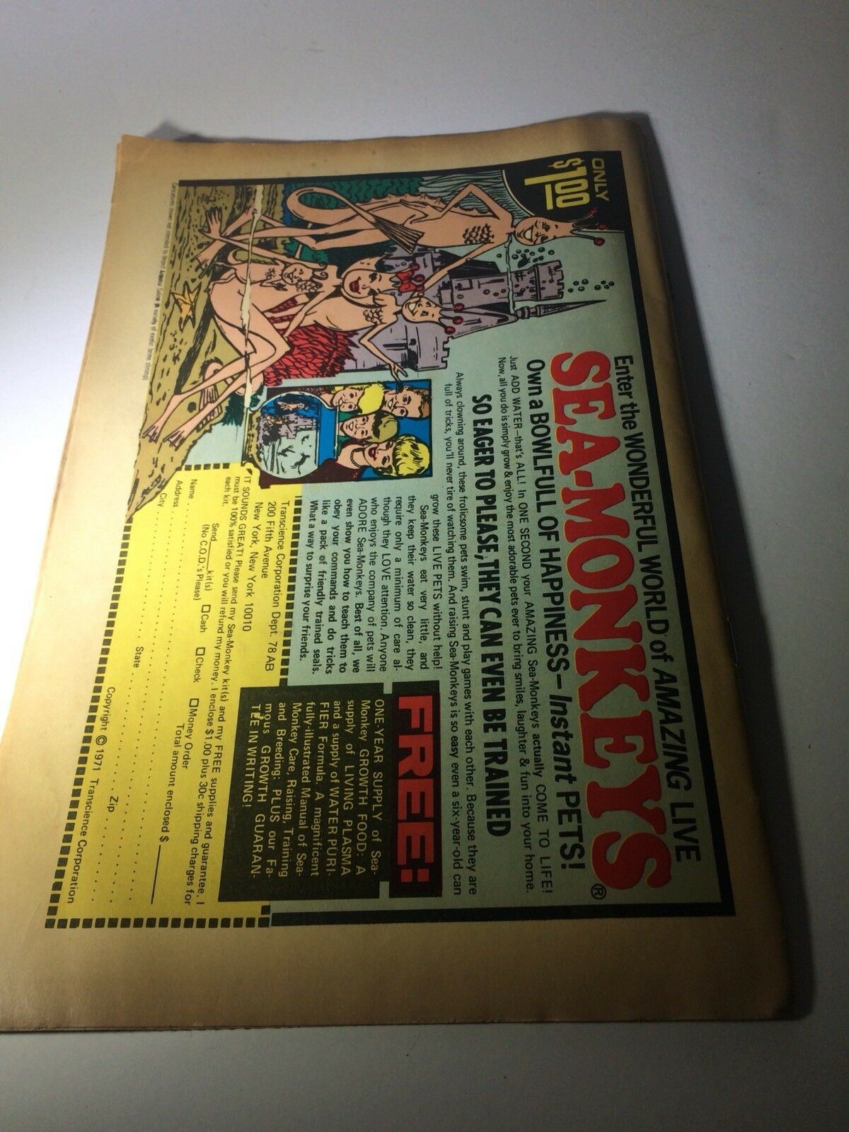 Back cover of Space War Comic Book #33 featuring an advertisement for Sea-Monkeys, adding retro charm to the overall collectible.