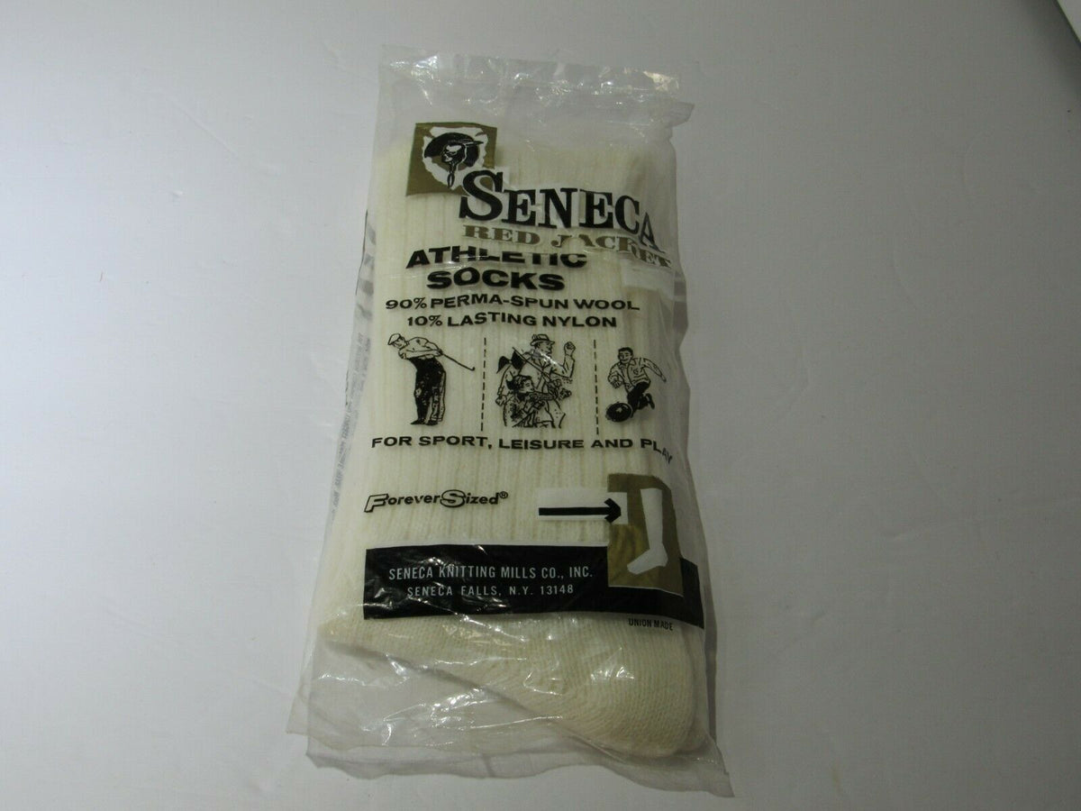 Vtg New Old Stock Seneca Red Jacket Athletic Socks in original packaging, made of 90% wool and 10% nylon, size 11-11 1/2, showcasing retro sports style and charm.