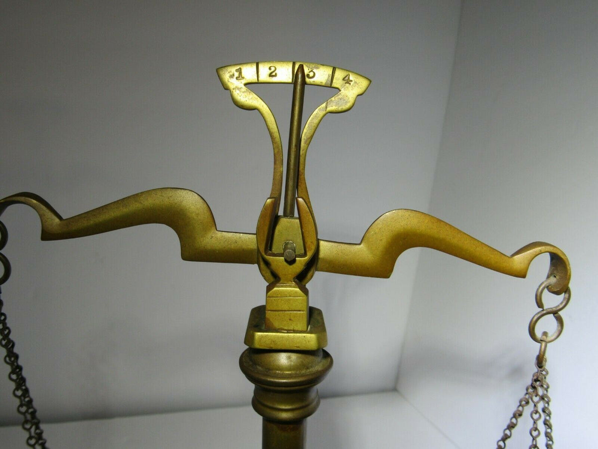 Close-up view of Vintage Antique Brass Weight Scale Balance, showcasing the top mechanism and measurement markers, 12 1/2" height piece.