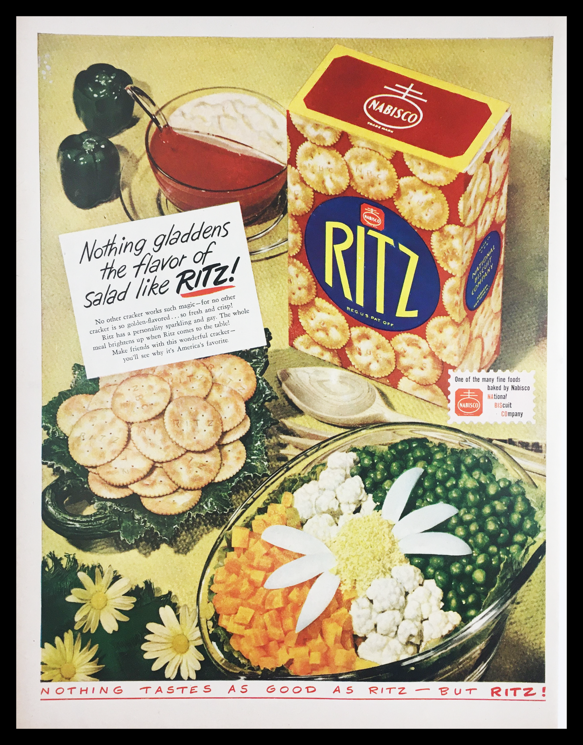 1947 Nabisco Ritz Biscuit Company Vintage Print Ad featuring a colorful salad display accompanied by a box of Ritz crackers. The advertisement showcases the tagline 'Nothing gladdens the flavor of Salad like RITZ!' highlighting the iconic snack with vibrant imagery reflecting 1940s design.