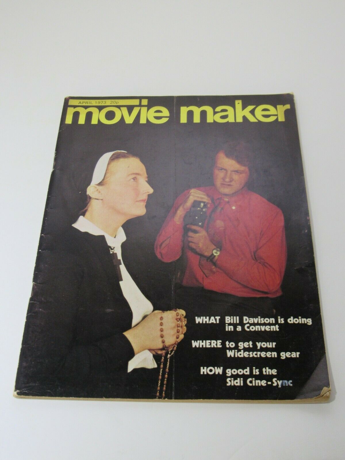 MOVIE MAKER Magazine April 1973 cover featuring a nun and a man, highlighting articles about Bill Davison and widescreen gear.