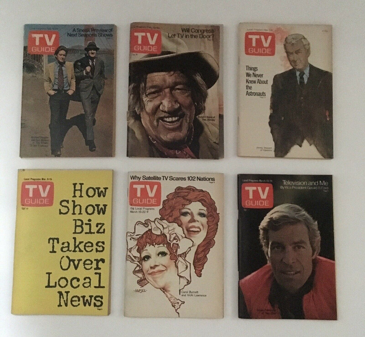 Complete Year Of TV Guide Magazines 1974 featuring six magazine covers including articles about show previews, notable figures, and entertainment insights. Condition is good, showcasing a collection of cultural artifacts from television history.