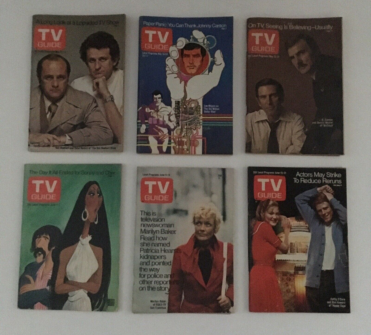 Complete Year Of TV Guide Magazines 1974 includes six covers featuring various TV personalities and topics, showcasing popular shows and highlights from the era.
