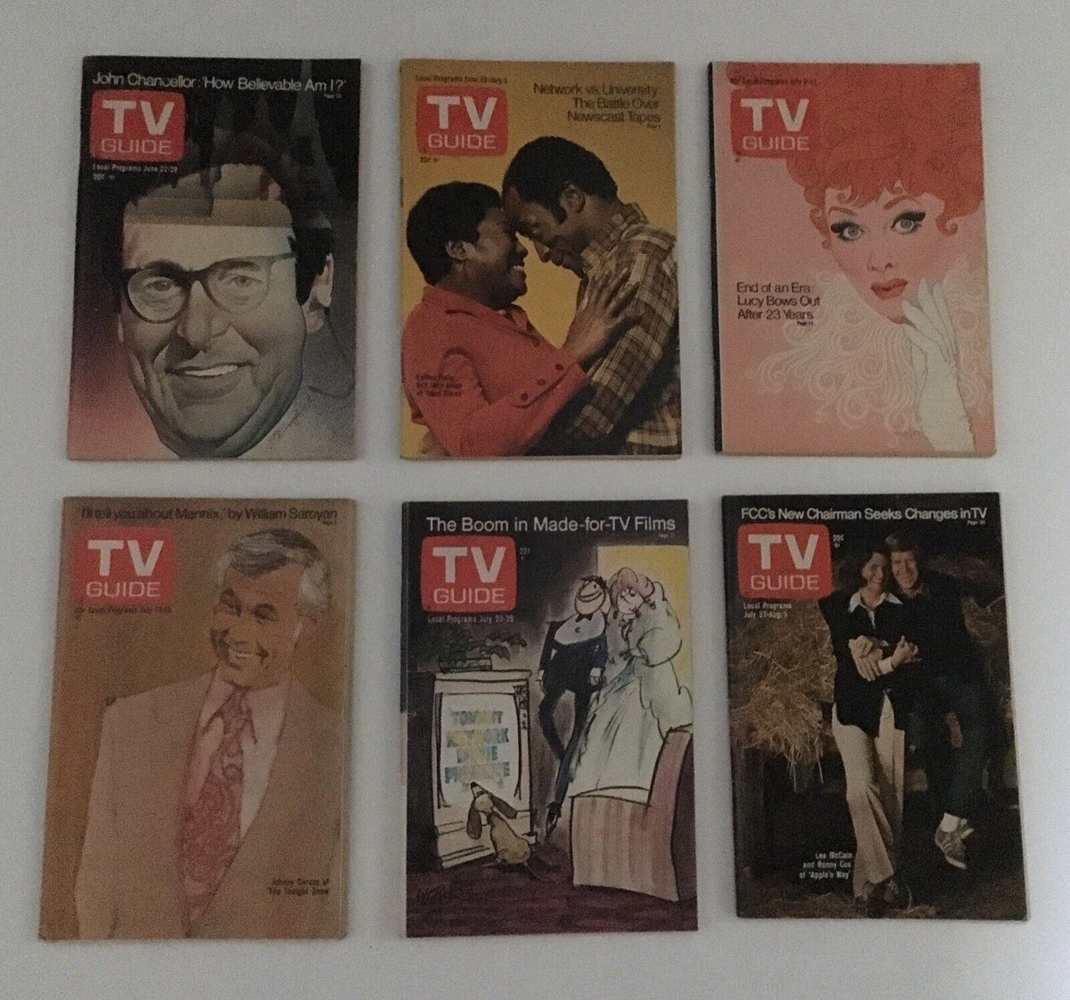 Various covers from Complete Year Of TV Guide Magazines 1974, displaying prominent cultural themes and television characters from that year.