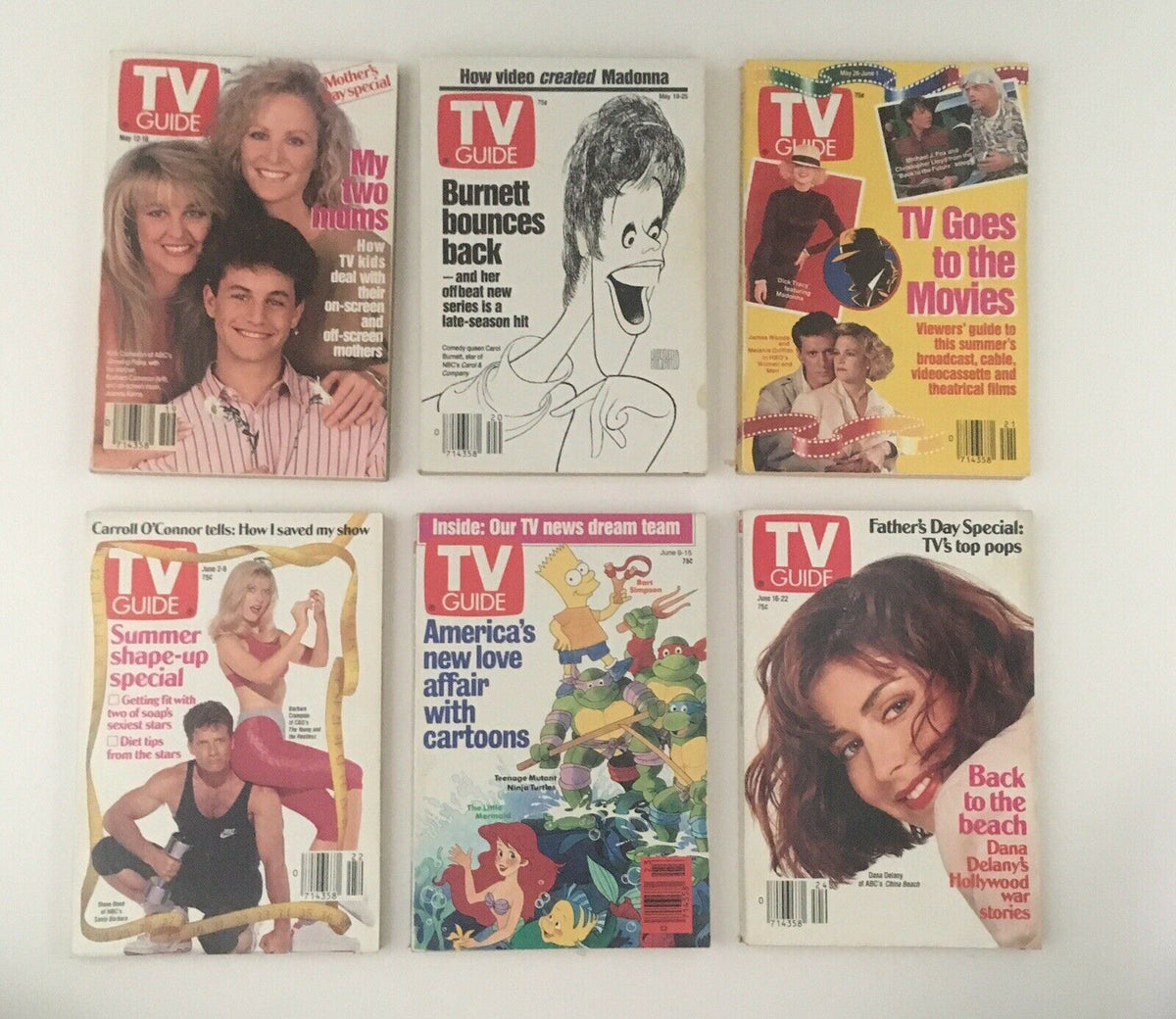 TV Guide magazines from 1990, displaying covers that include topics such as Burnett Bounces Back and TV Goes to the Movies, reflecting on TV and entertainment themes.