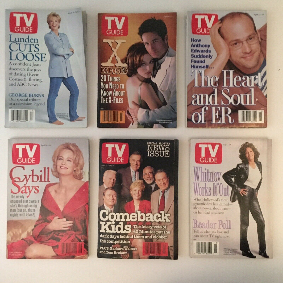 Set of TV Guide magazines from 1996, showcasing covers including Lunden Cuts Loose, X Files Exposed, and Comeback Kids, chronicling TV trends and insights.