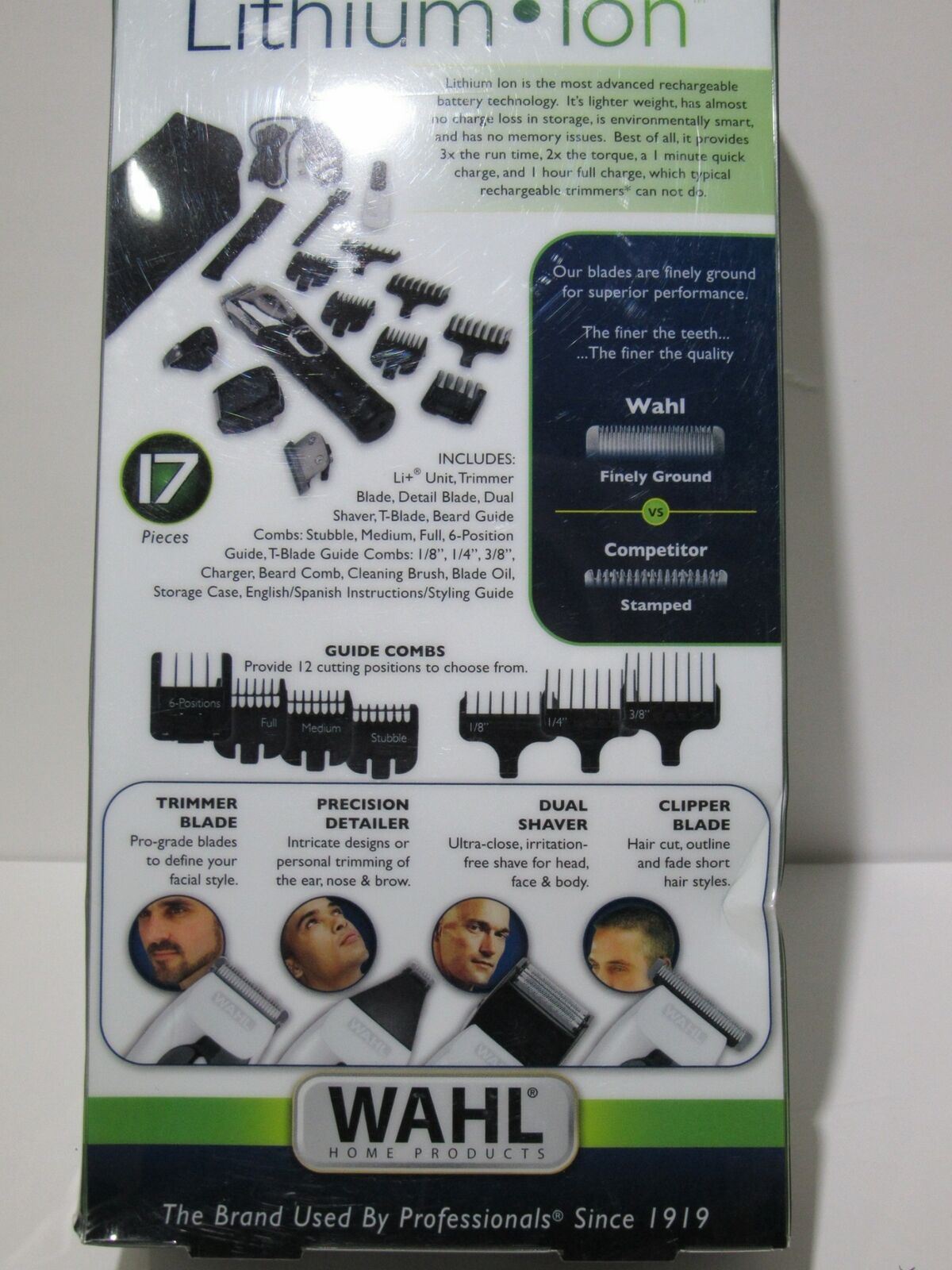 Back view of the Wahl Pro 9854-600 Lithium-ion Rechargeable 17-piece Hair Trimmer, detailing the components included like various blades and combs.