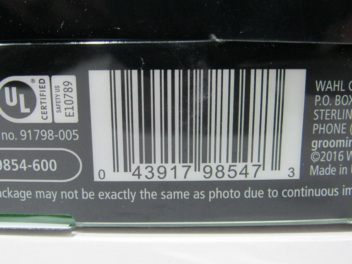 Barcode label of the Wahl Pro 9854-600 Lithium-ion Rechargeable Hair Trimmer packaging, indicating product identification.