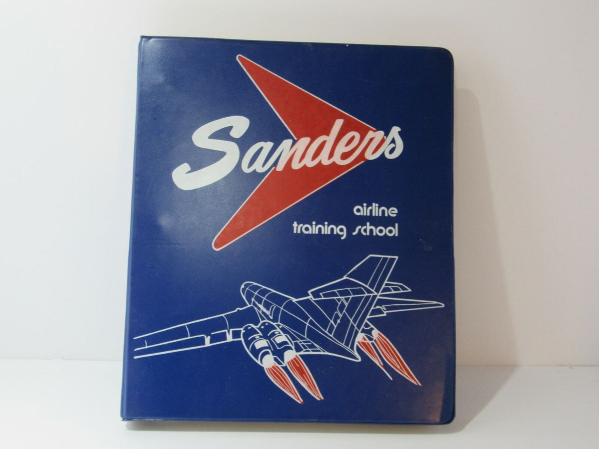 Vintage Sanders Airlines Training School Binder from the 1960s representing Jet Age careers, featuring a blue cover with prominent logo and jet illustration.