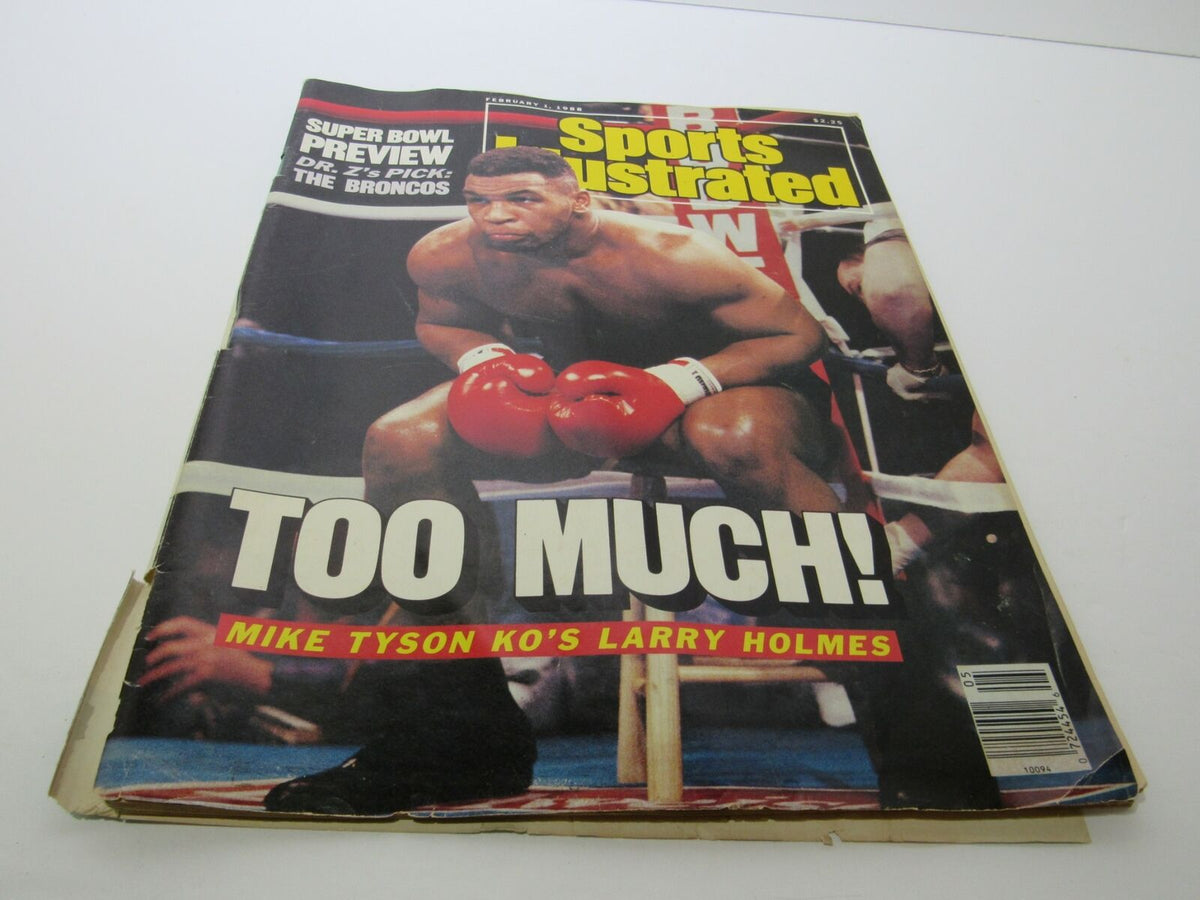 Cover of Sports Illustrated February 1, 1988, featuring Mike Tyson with the bold headline 'TOO MUCH! Mike Tyson KO's Larry Holmes' highlighting his boxing victory.