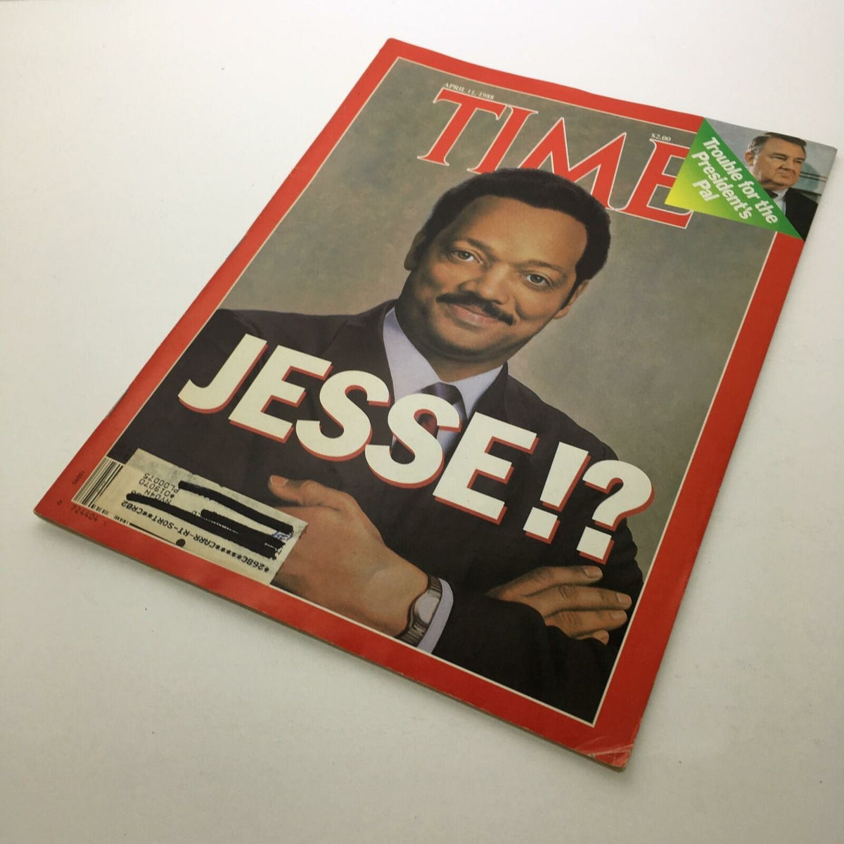 Front cover of Time Magazine from April 11, 1988, featuring Jesse Jackson with the headline 'JESSE!?' This iconic cover showcases Jackson's impactful presence during his presidential campaign, making it a significant piece of American political history.