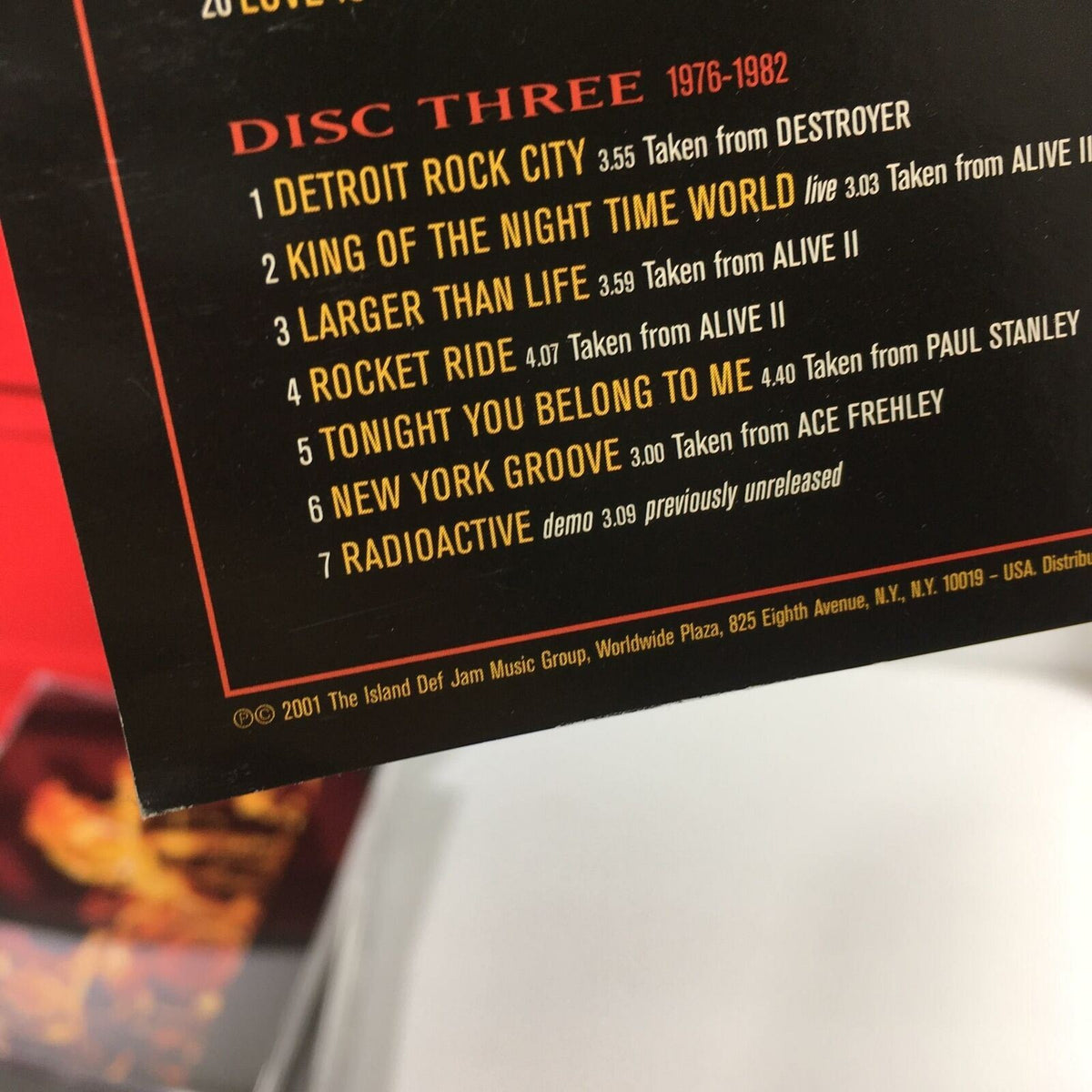 Image of Disc Three from the Definitive Kiss Collection 5 Disc Box Set showing tracks from 1976 to 1982, including Detroit Rock City.