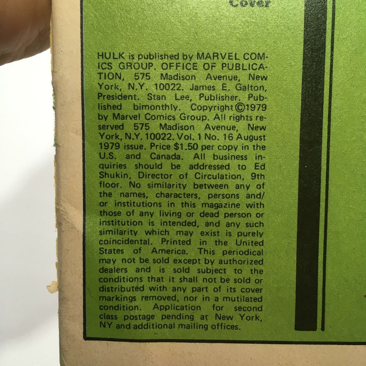 Back cover of Vintage Stan Lee Presents: The Hulk! Volume 1 No. 16 August 1979, featuring publisher information and credits.