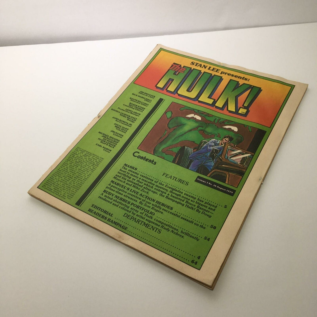 Side view of Vintage Stan Lee Presents: The Hulk! Volume 1 No. 16 August 1979, highlighting the colorful front cover and comic book design.