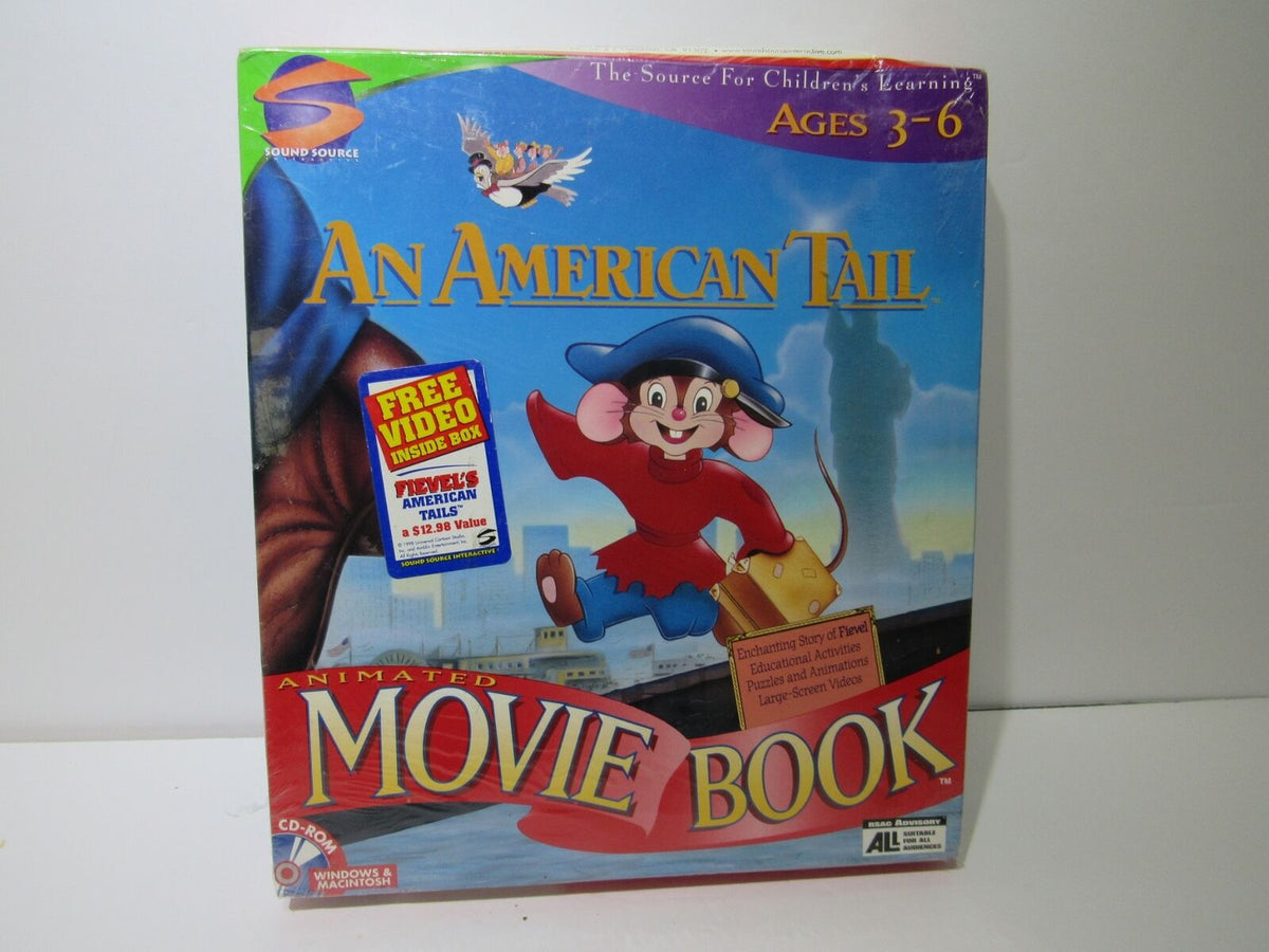 Front cover of 'An American Tail Animated Movie Book' featuring Fievel Mousekewitz in a red coat and blue hat, with colorful illustrations and a promotional sticker for a free video.