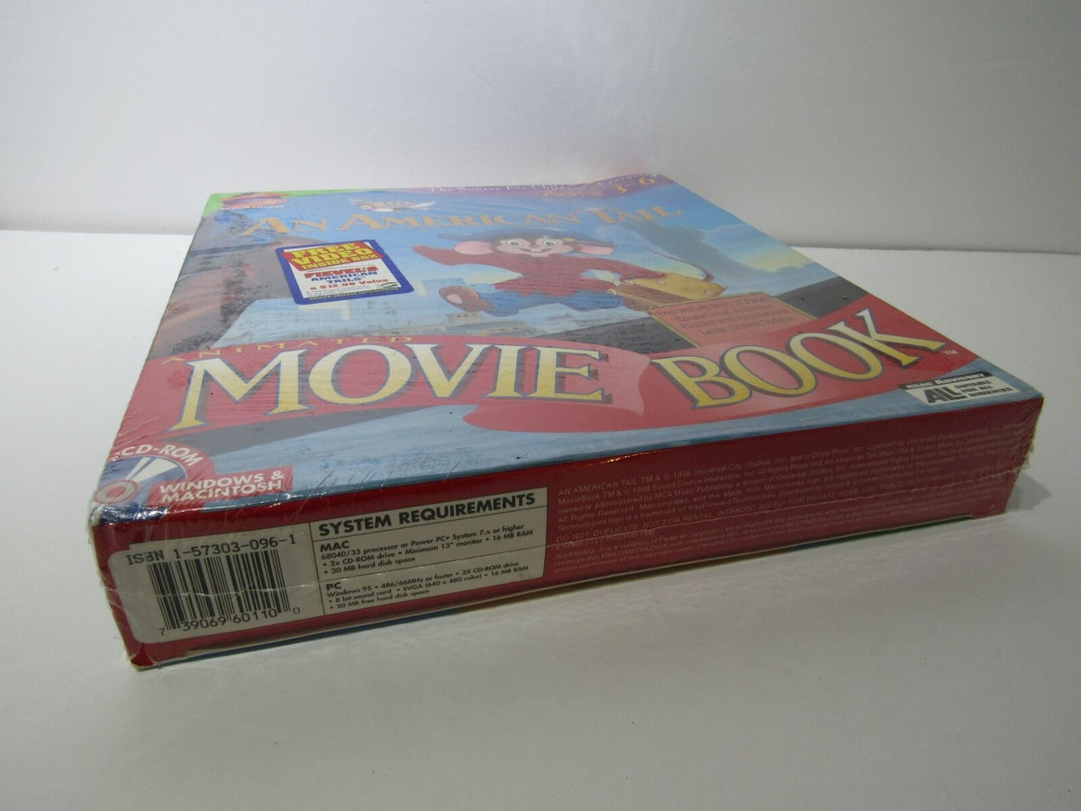 Side view of 'An American Tail Animated Movie Book' showing the ISBN and system requirements for the book, designed for Windows and Macintosh.