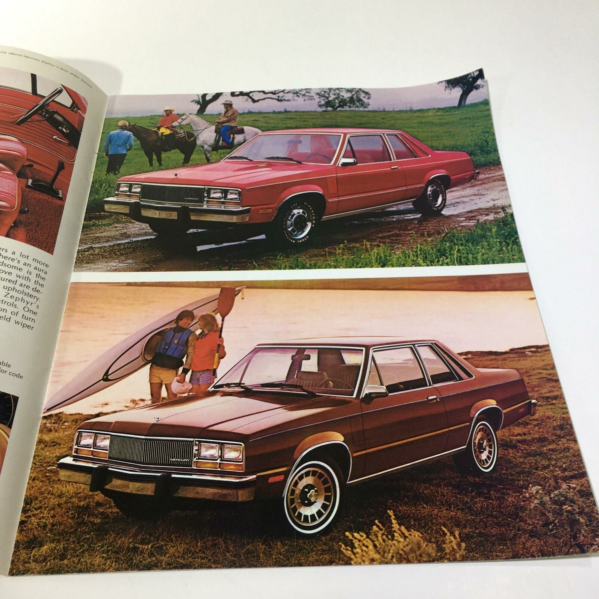 1980 Mercury Zephyr Z-7 Turbo Charged Engine Option Car Sale Brochure featuring two Mercury Zephyr cars, one red and one brown, displayed in a natural setting.