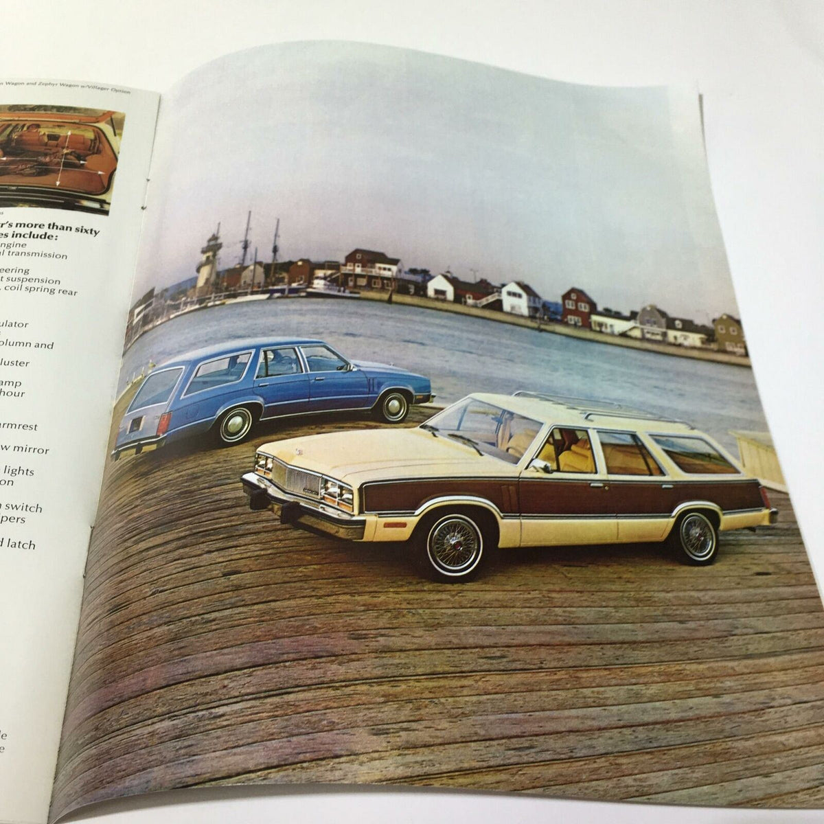 1980 Mercury Zephyr Z-7 Turbo Charged Engine Option Car Sale Brochure displaying a vintage Mercury Zephyr station wagon and sedan near a waterfront.