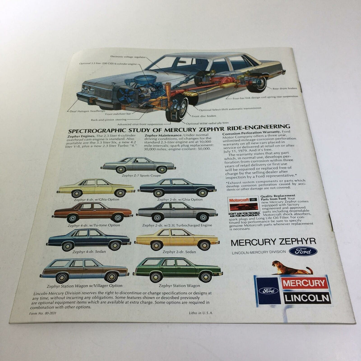 1980 Mercury Zephyr Z-7 Turbo Charged Engine Option Car Sale Brochure back cover with a detailed schematic of the Mercury Zephyr's ride engineering.