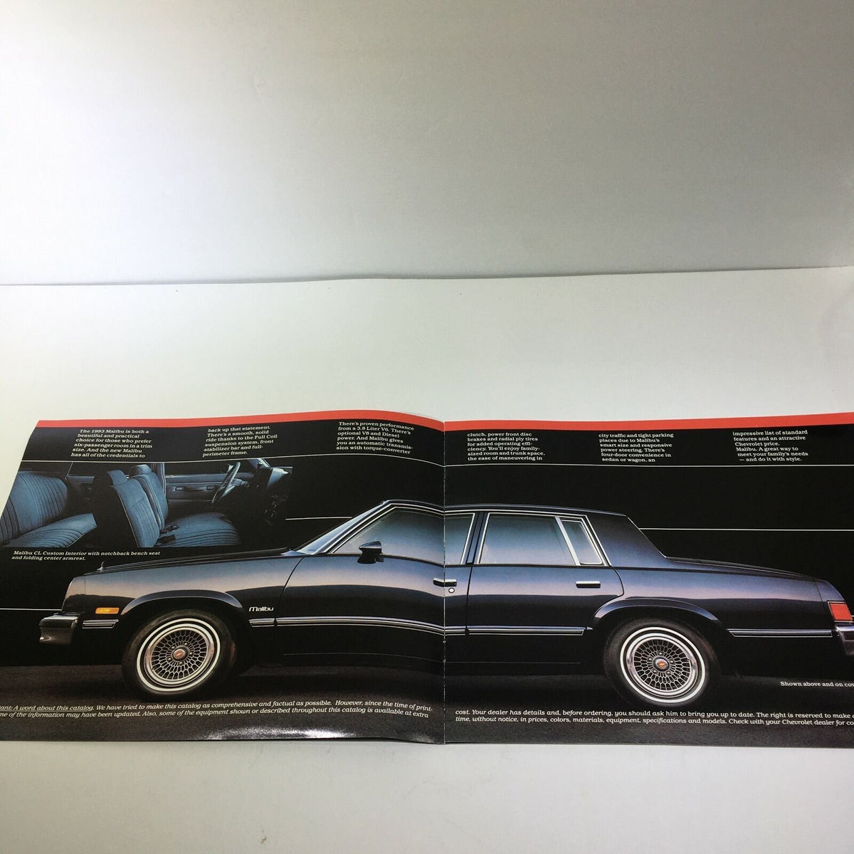Interior view from the 1983 Chevrolet Malibu brochure displaying the car's cabin space and features, capturing a stylish and comfortable environment.