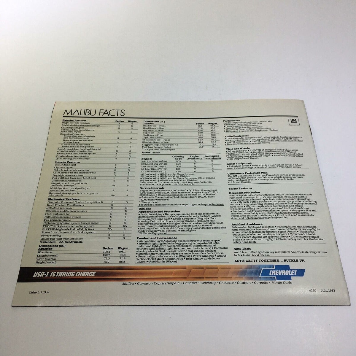 Back cover of the 1983 Chevrolet Malibu brochure presenting detailed specifications and features, serving as a comprehensive guide for potential buyers.