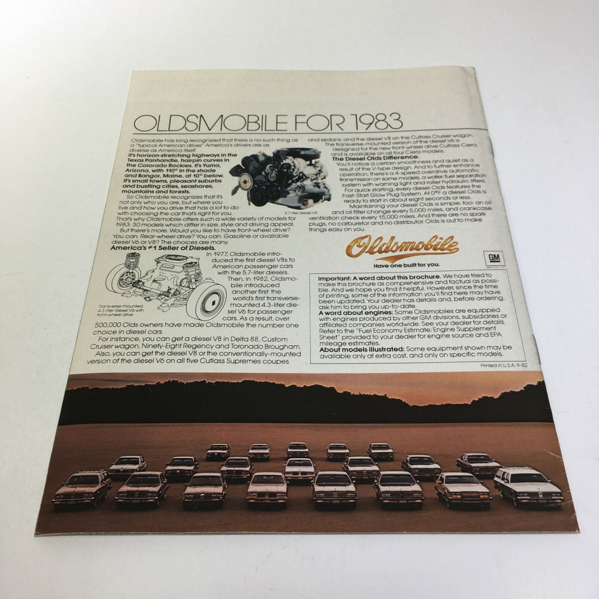 Back cover of the 1983 Oldsmobile Firenza 'S' Coupe and 4-Door Sedan brochure featuring technical details about the V-6 engine and a lineup of various Oldsmobile models.