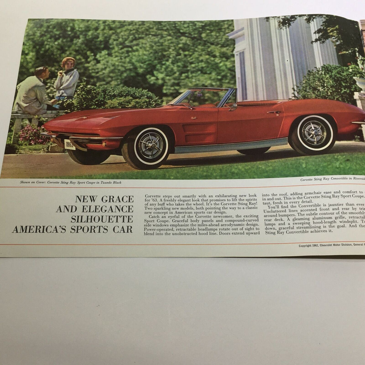 1963 New Corvette Sting Ray Sport Coupe Sale Brochure highlighting a red Corvette Sting Ray Convertible parked in a classic setting.