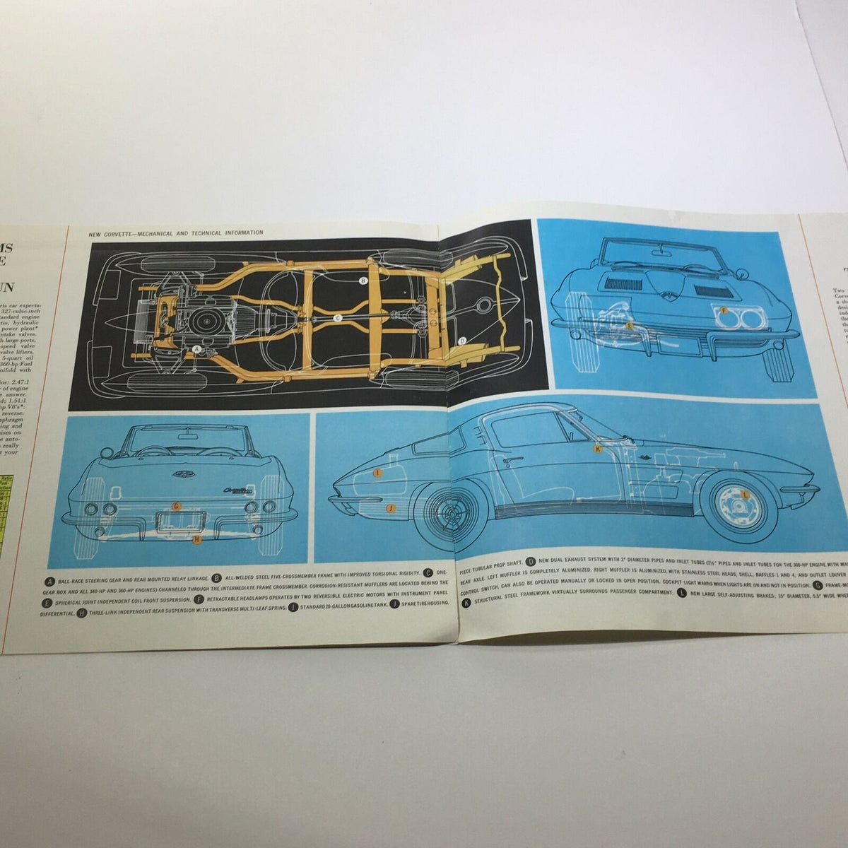 Diagram from the 1963 New Corvette Sting Ray Sport Coupe Sale Brochure, showcasing mechanical and technical information, detailing the car's architecture and components.